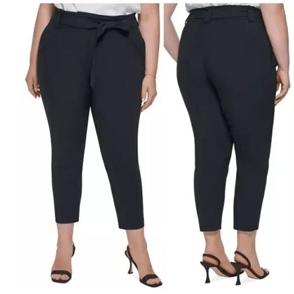 Calvin Klein Plus Size Black Tie-Belt Straight-Leg Pants 14W